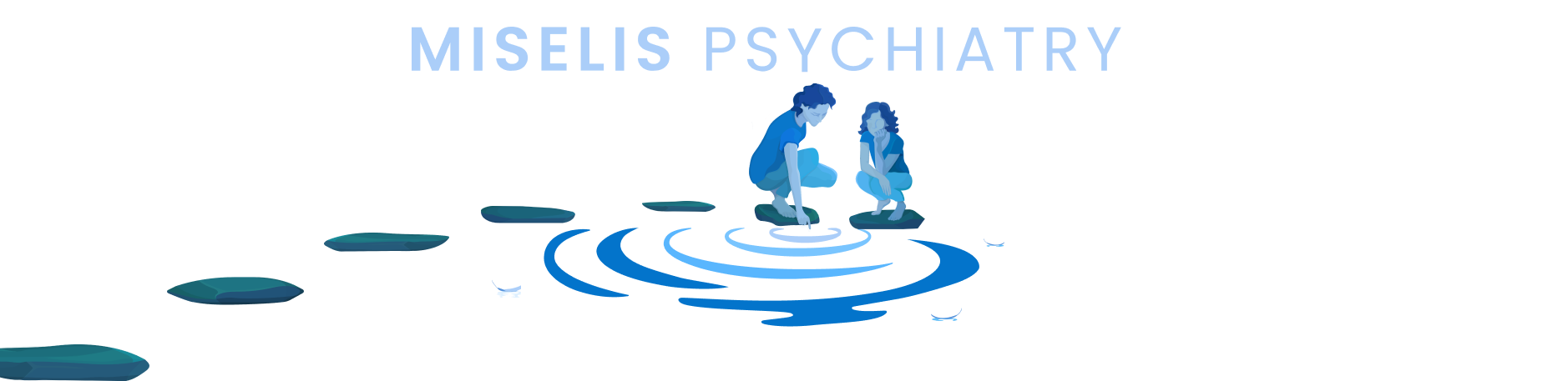 Miselis Psychiatry - An illustration of two persons, sitting on rocks over the river touching the water